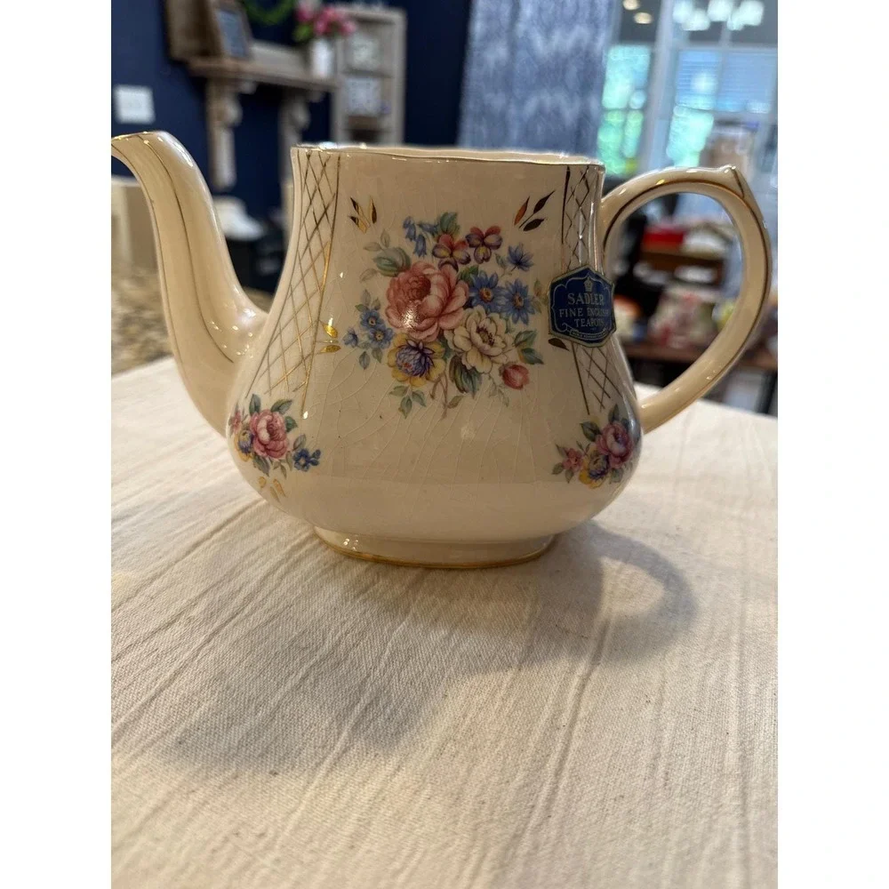 James Sadler Fine English Teapot Floral Gold Lattice Burslem England No Lid